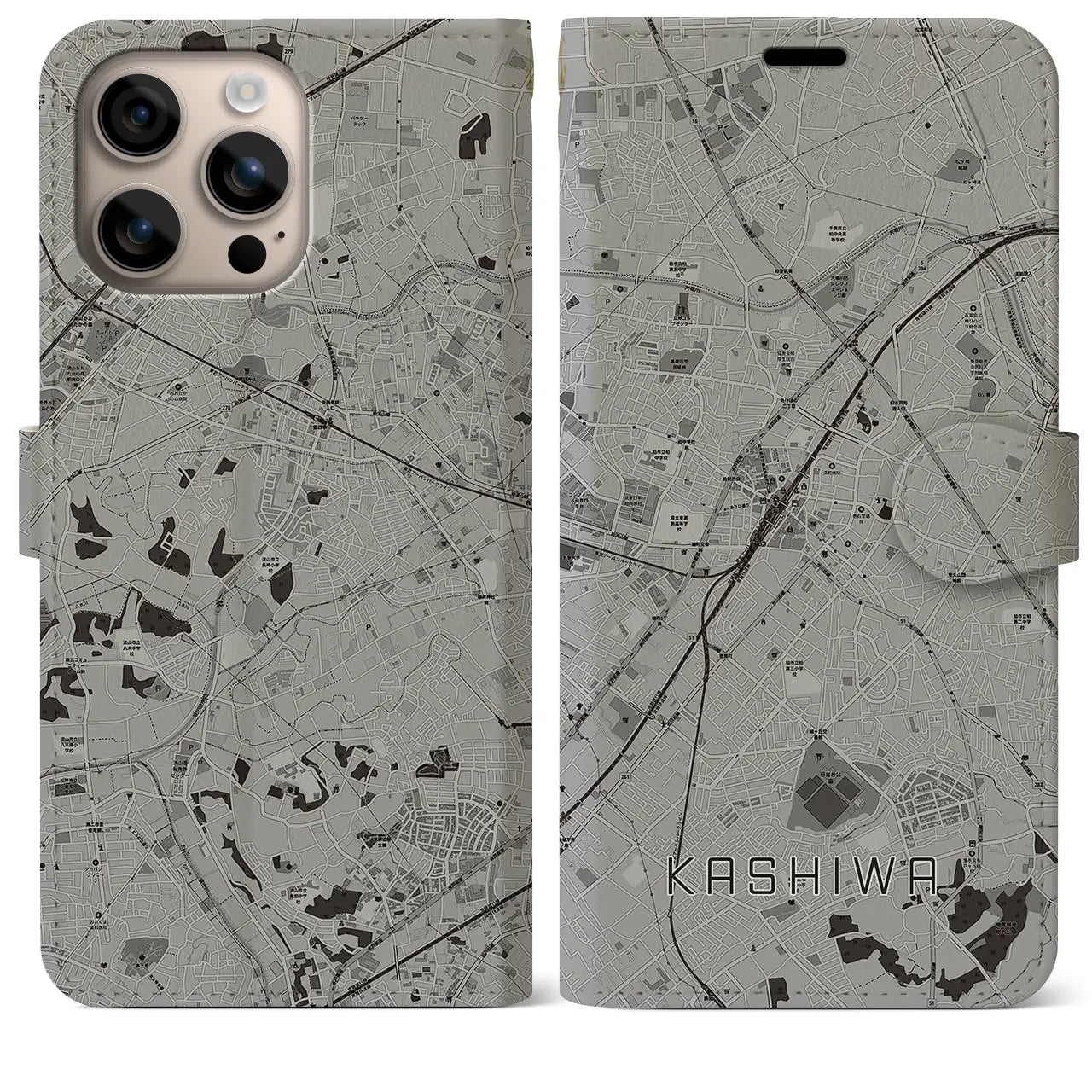 【柏(千葉県)】地図柄iPhoneケース(手帳タイプ)モノトーン・iPhone 16 Plus 用