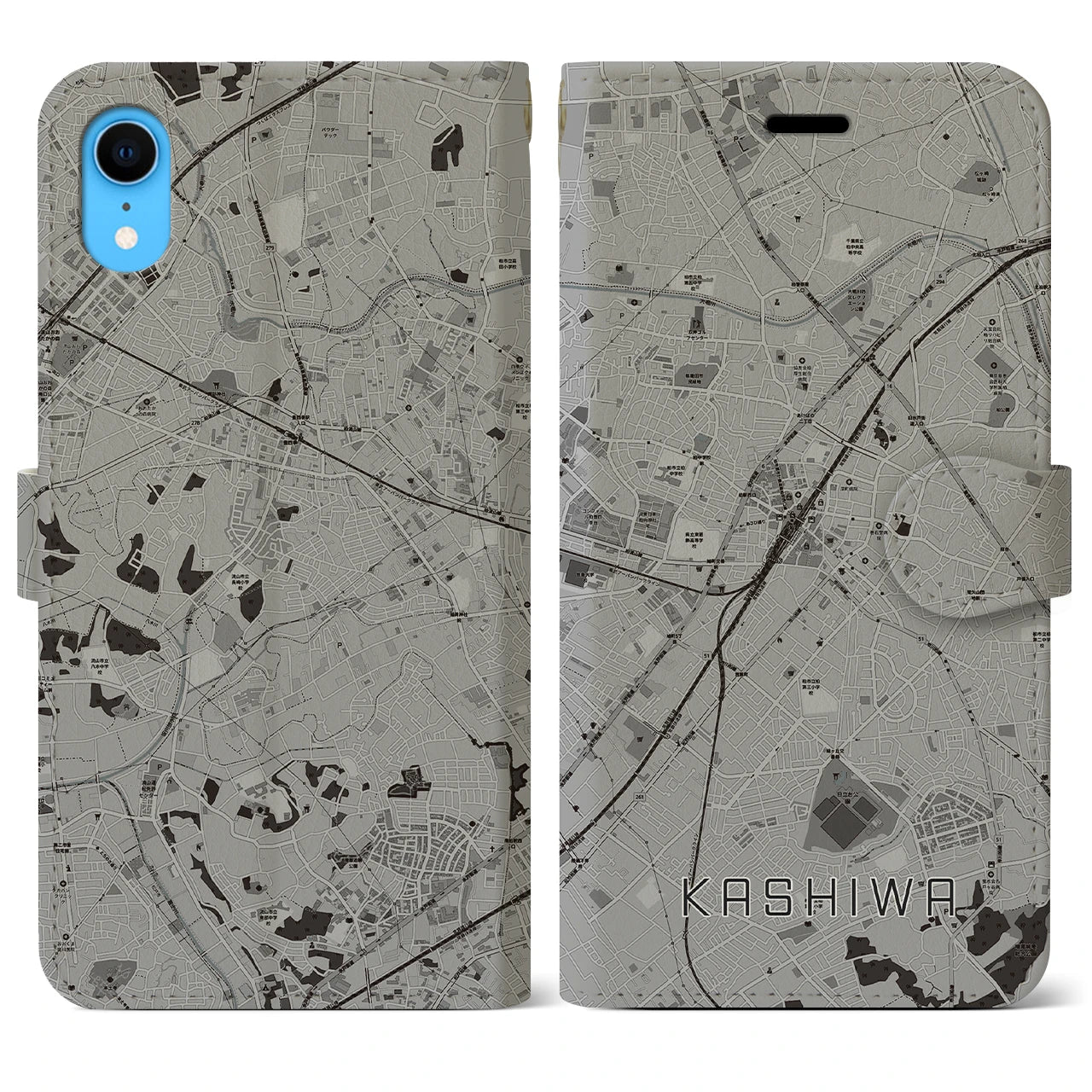 【柏(千葉県)】地図柄iPhoneケース(手帳タイプ)モノトーン・iPhone XR 用