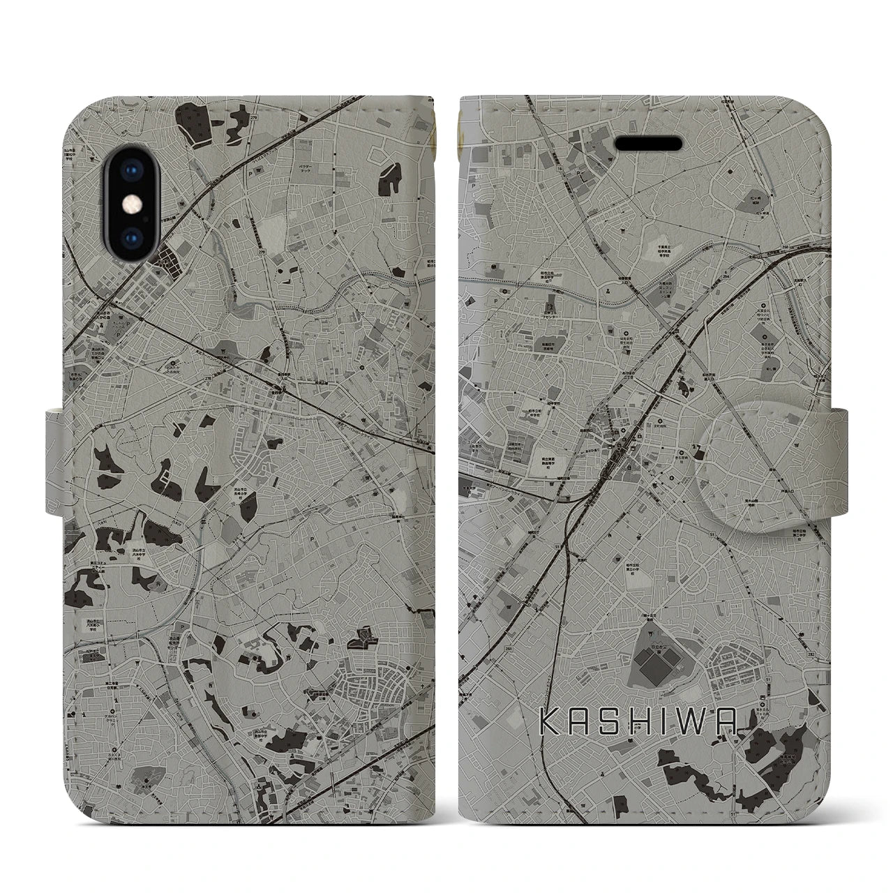 【柏(千葉県)】地図柄iPhoneケース(手帳タイプ)モノトーン・iPhone XS / X 用