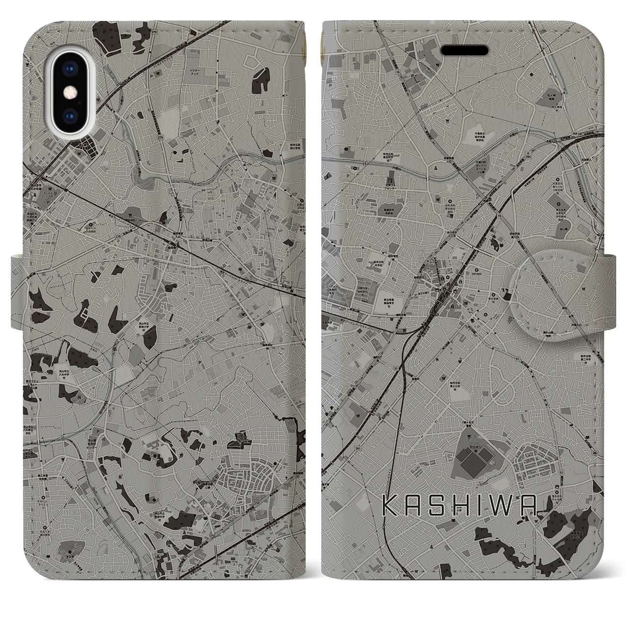 【柏(千葉県)】地図柄iPhoneケース(手帳タイプ)モノトーン・iPhone XS Max 用