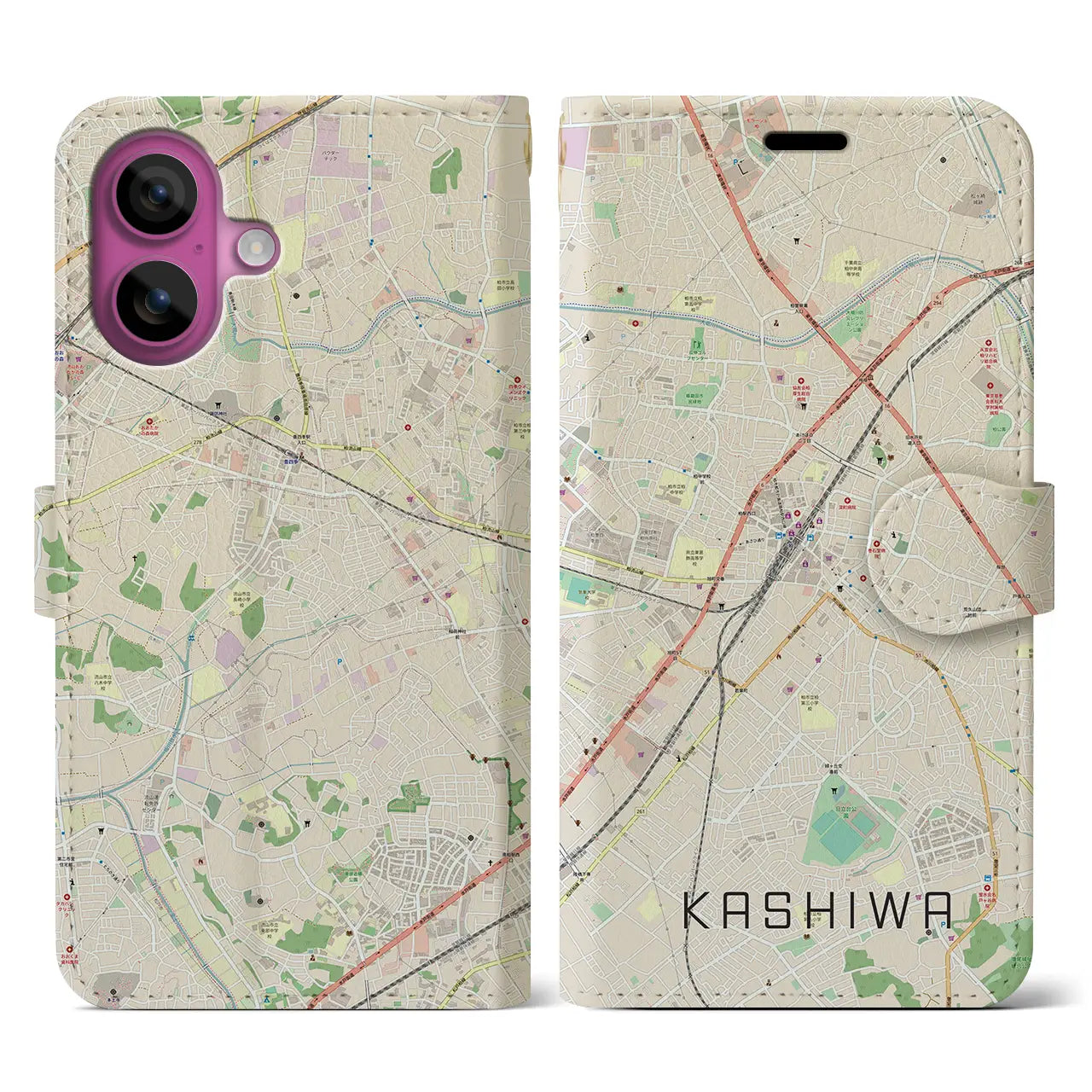 【柏(千葉県)】地図柄iPhoneケース(手帳タイプ)ナチュラル・iPhone 16 Pro 用