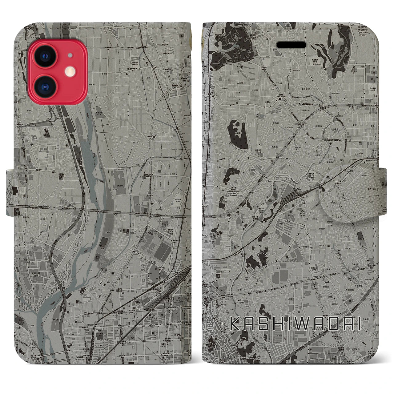 【かしわ台(神奈川県)】地図柄iPhoneケース(手帳タイプ)モノトーン・iPhone 11 用