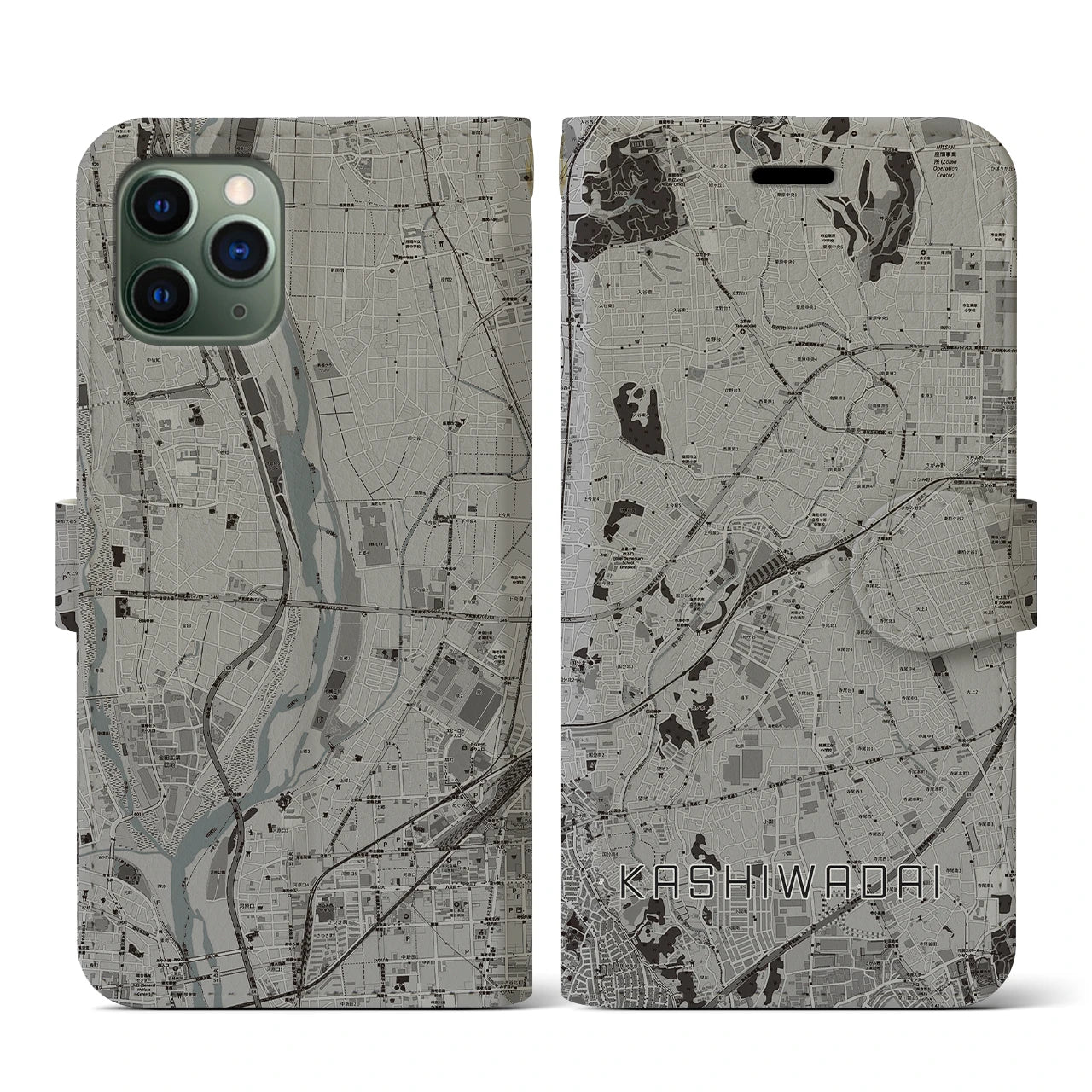 【かしわ台(神奈川県)】地図柄iPhoneケース(手帳タイプ)モノトーン・iPhone 11 Pro 用