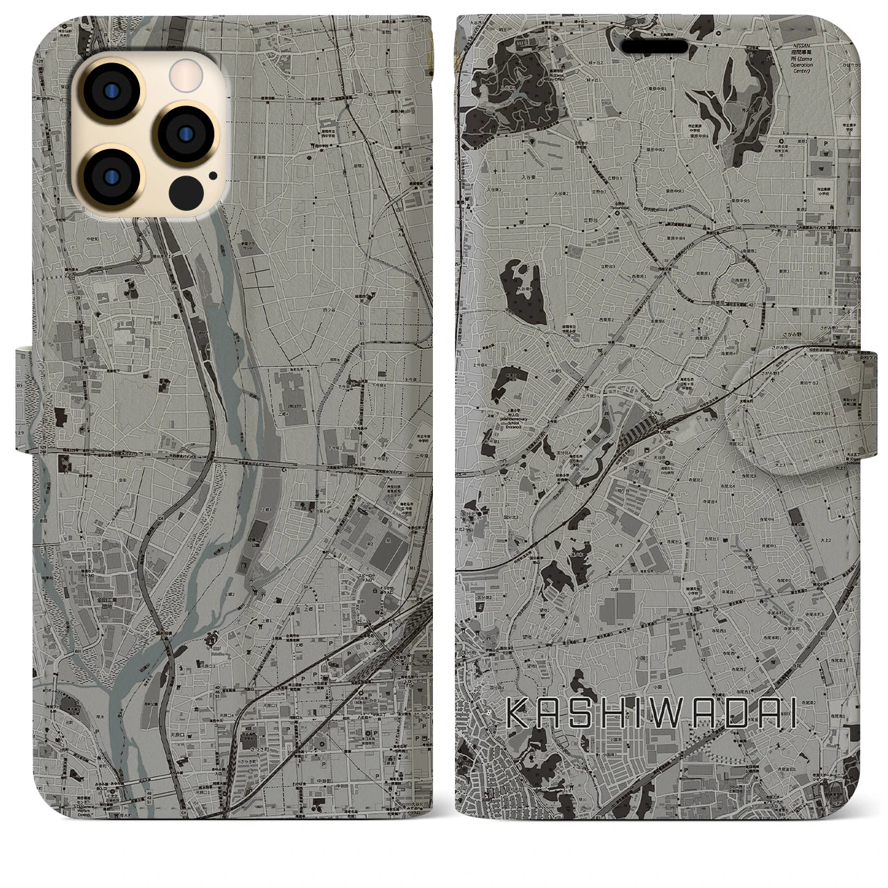 【かしわ台(神奈川県)】地図柄iPhoneケース(手帳タイプ)モノトーン・iPhone 12 Pro Max 用