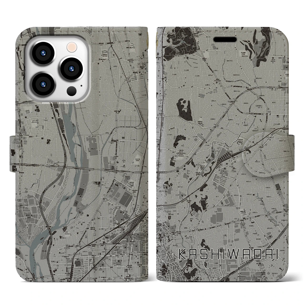 【かしわ台(神奈川県)】地図柄iPhoneケース(手帳タイプ)モノトーン・iPhone 13 Pro 用