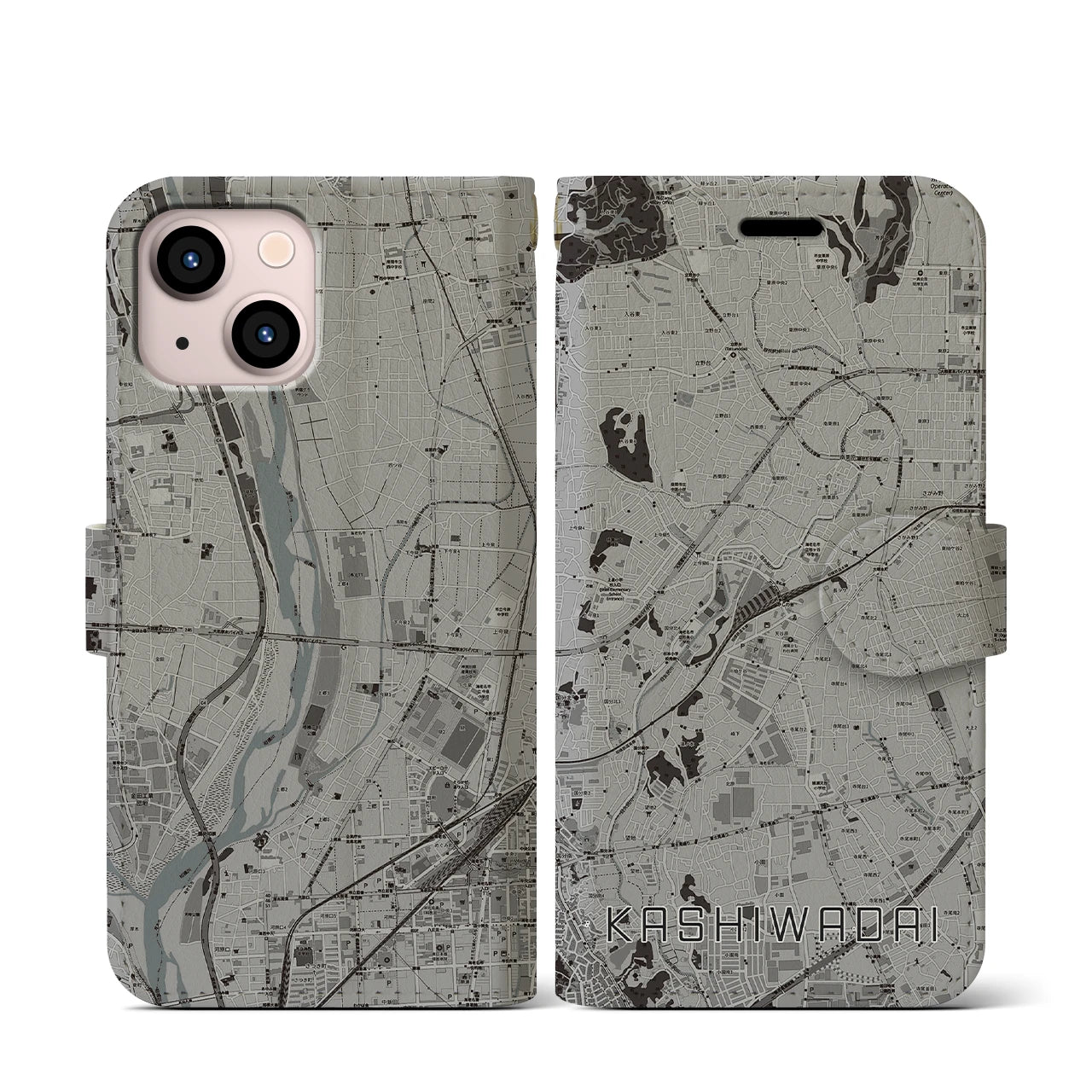 【かしわ台(神奈川県)】地図柄iPhoneケース(手帳タイプ)モノトーン・iPhone 13 mini 用