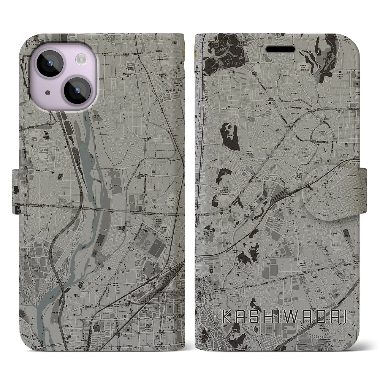 【かしわ台(神奈川県)】地図柄iPhoneケース(手帳タイプ)モノトーン・iPhone 14 用