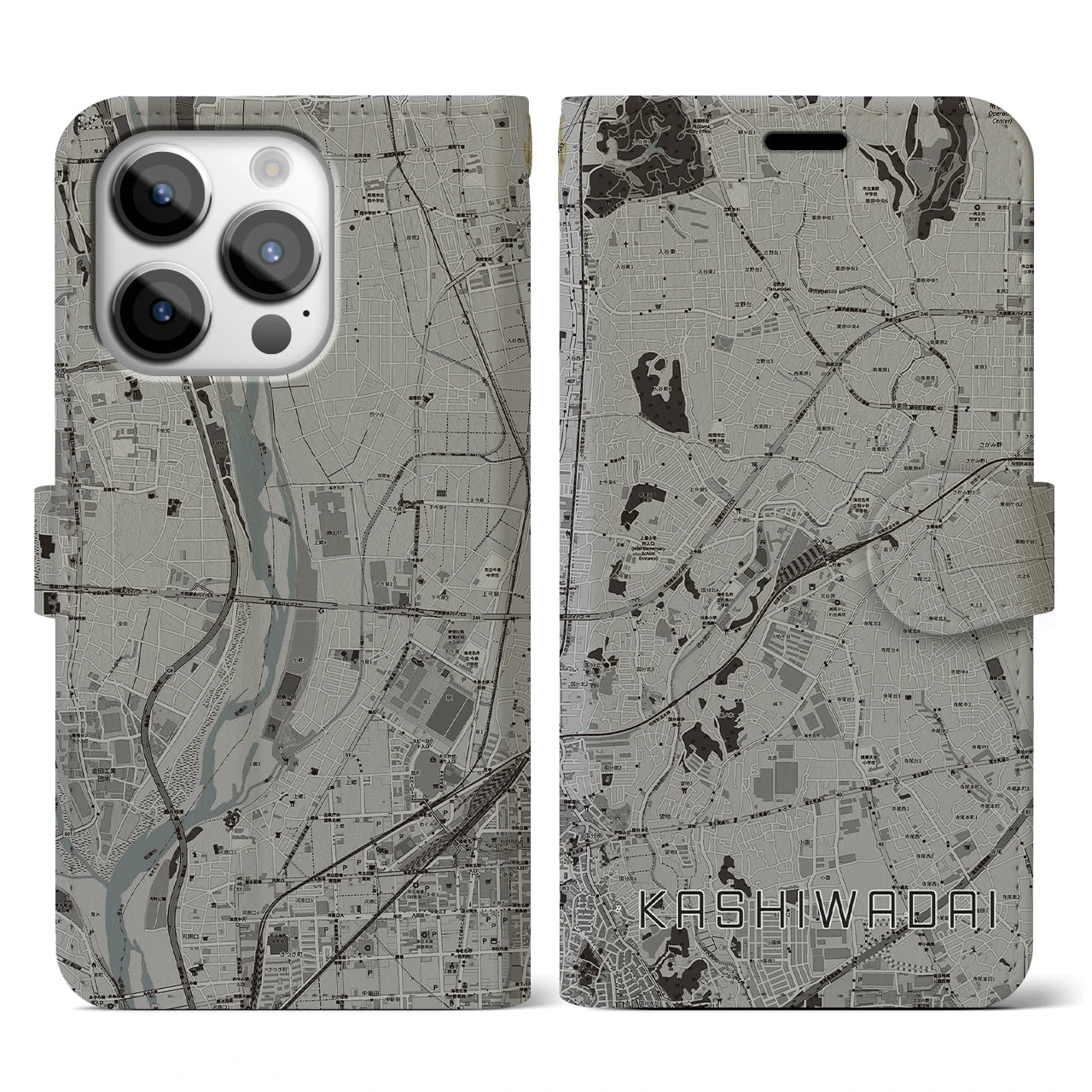 【かしわ台(神奈川県)】地図柄iPhoneケース(手帳タイプ)モノトーン・iPhone 14 Pro 用