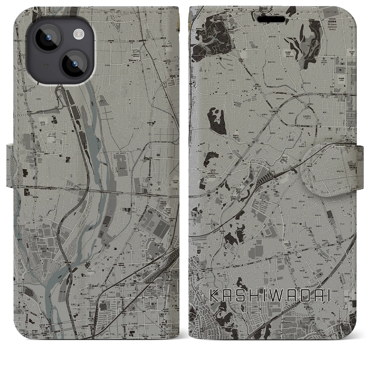 【かしわ台(神奈川県)】地図柄iPhoneケース(手帳タイプ)モノトーン・iPhone 14 Plus 用