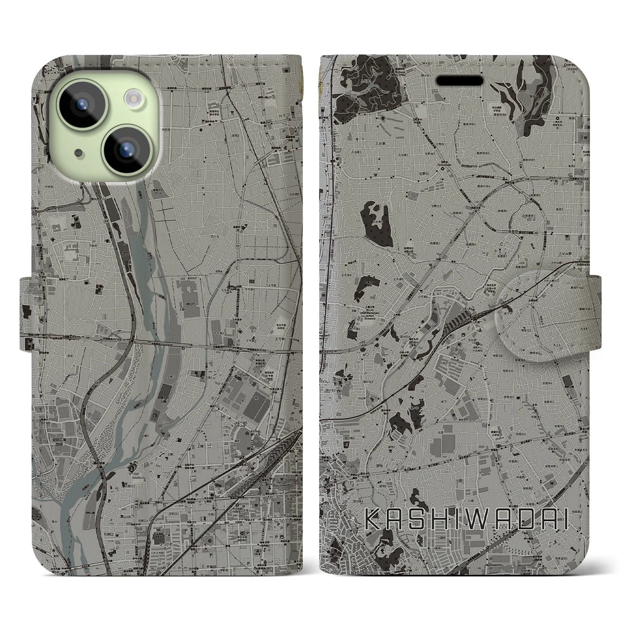 【かしわ台(神奈川県)】地図柄iPhoneケース(手帳タイプ)モノトーン・iPhone 15 用
