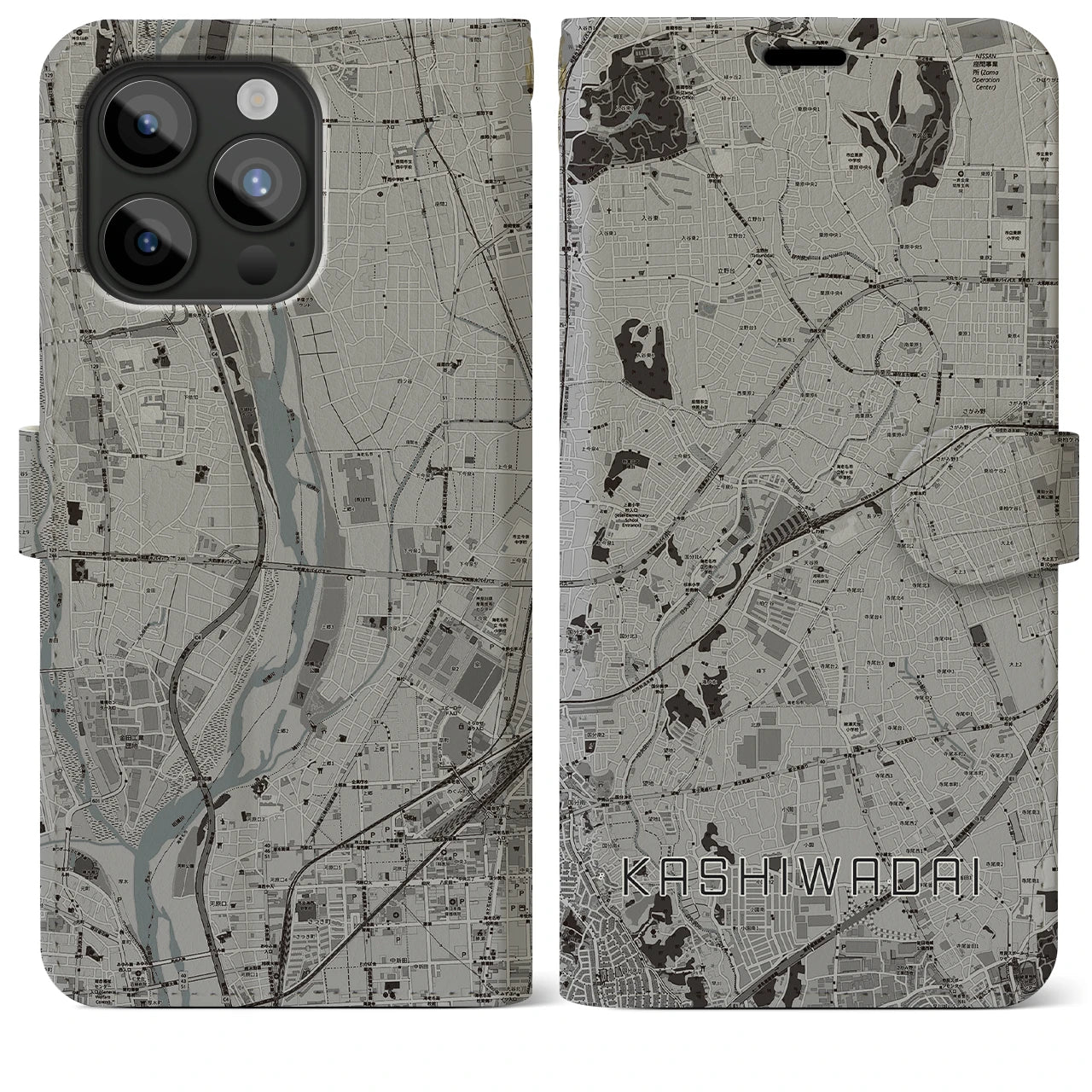 【かしわ台(神奈川県)】地図柄iPhoneケース(手帳タイプ)モノトーン・iPhone 15 Pro Max 用