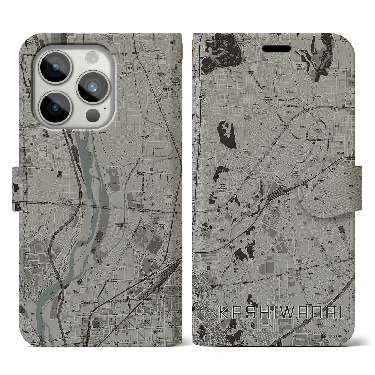 【かしわ台(神奈川県)】地図柄iPhoneケース(手帳タイプ)モノトーン・iPhone 15 Pro 用