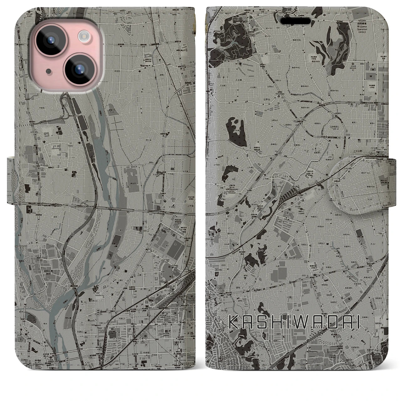 【かしわ台(神奈川県)】地図柄iPhoneケース(手帳タイプ)モノトーン・iPhone 15 Plus 用