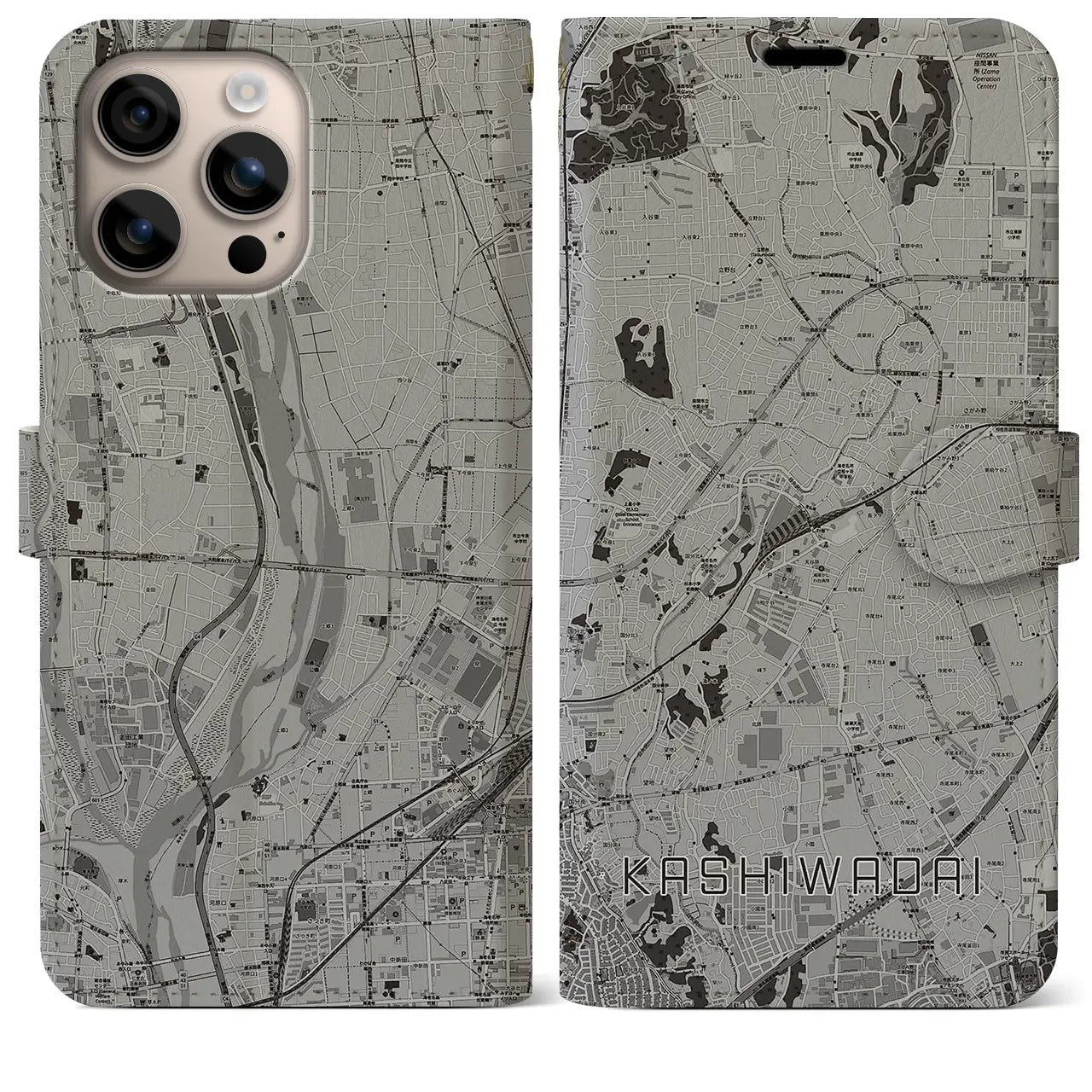 【かしわ台(神奈川県)】地図柄iPhoneケース(手帳タイプ)モノトーン・iPhone 16 Plus 用