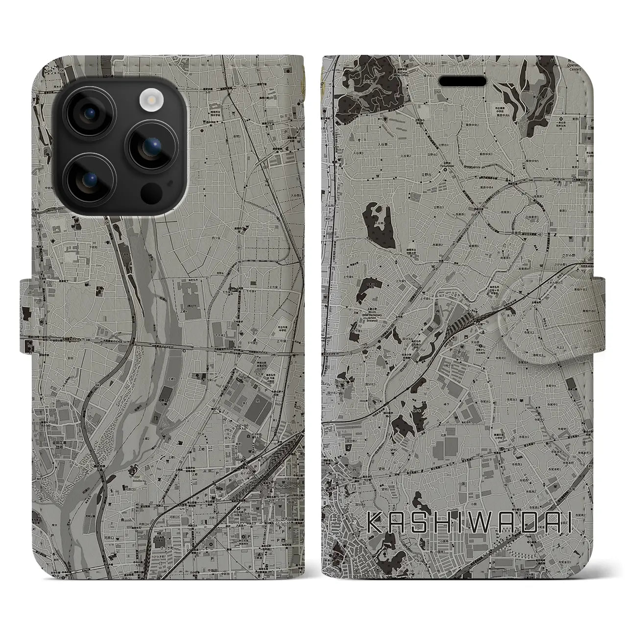 【かしわ台(神奈川県)】地図柄iPhoneケース(手帳タイプ)モノトーン・iPhone 16 用