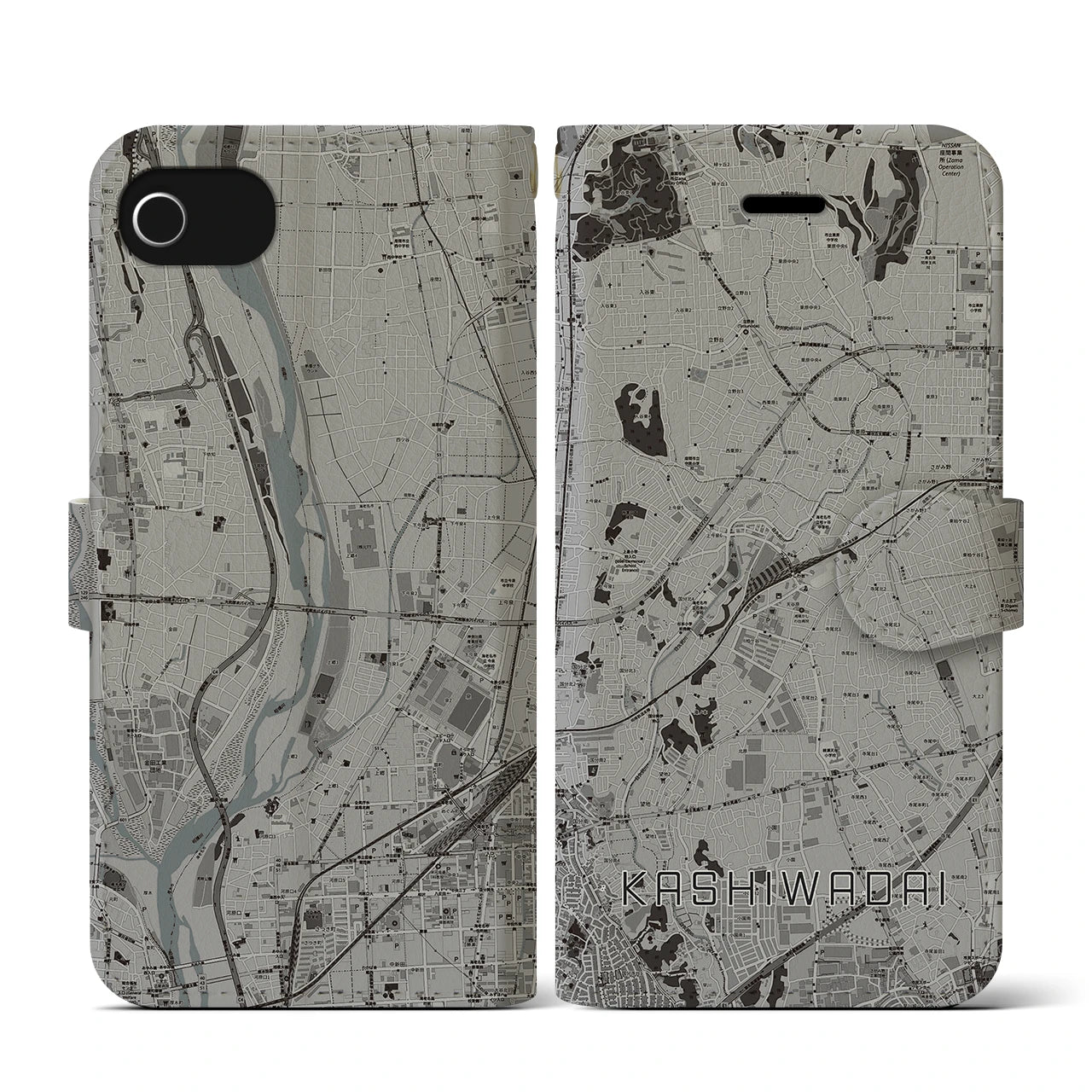 【かしわ台(神奈川県)】地図柄iPhoneケース(手帳タイプ)モノトーン・iPhone SE(第3 / 第2世代) / 8 / 7 / 6s / 6 用