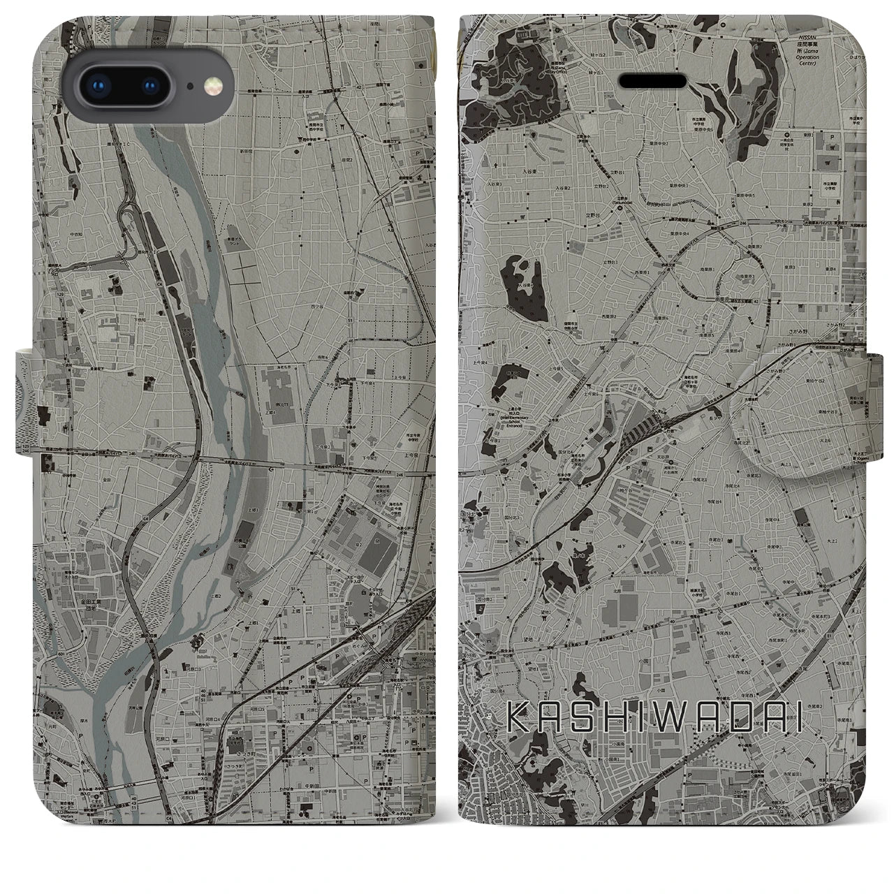 【かしわ台(神奈川県)】地図柄iPhoneケース(手帳タイプ)モノトーン・iPhone 8Plus /7Plus / 6sPlus / 6Plus 用