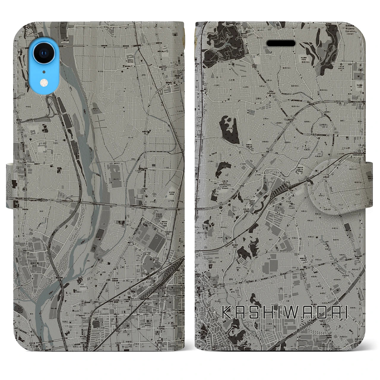 【かしわ台(神奈川県)】地図柄iPhoneケース(手帳タイプ)モノトーン・iPhone XR 用