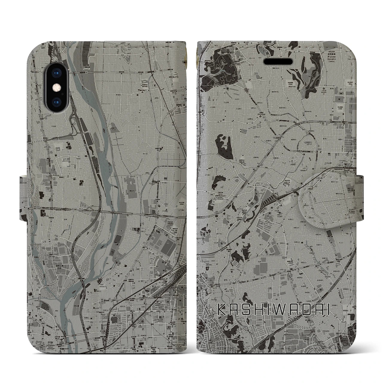 【かしわ台(神奈川県)】地図柄iPhoneケース(手帳タイプ)モノトーン・iPhone XS / X 用