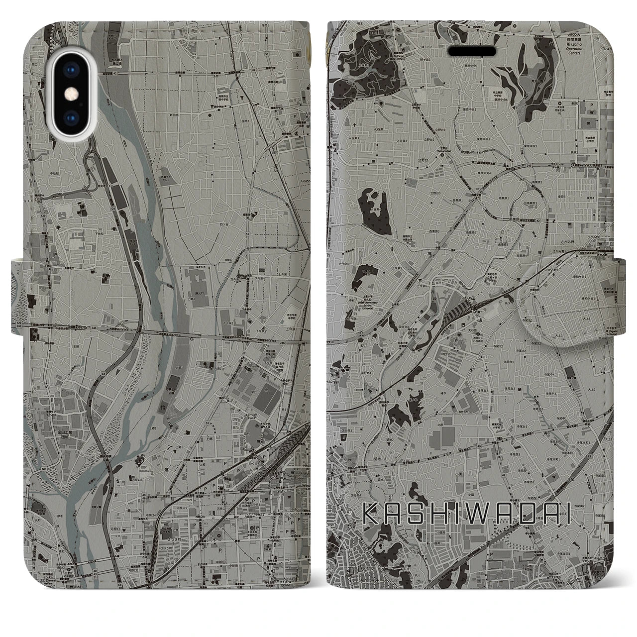 【かしわ台(神奈川県)】地図柄iPhoneケース(手帳タイプ)モノトーン・iPhone XS Max 用