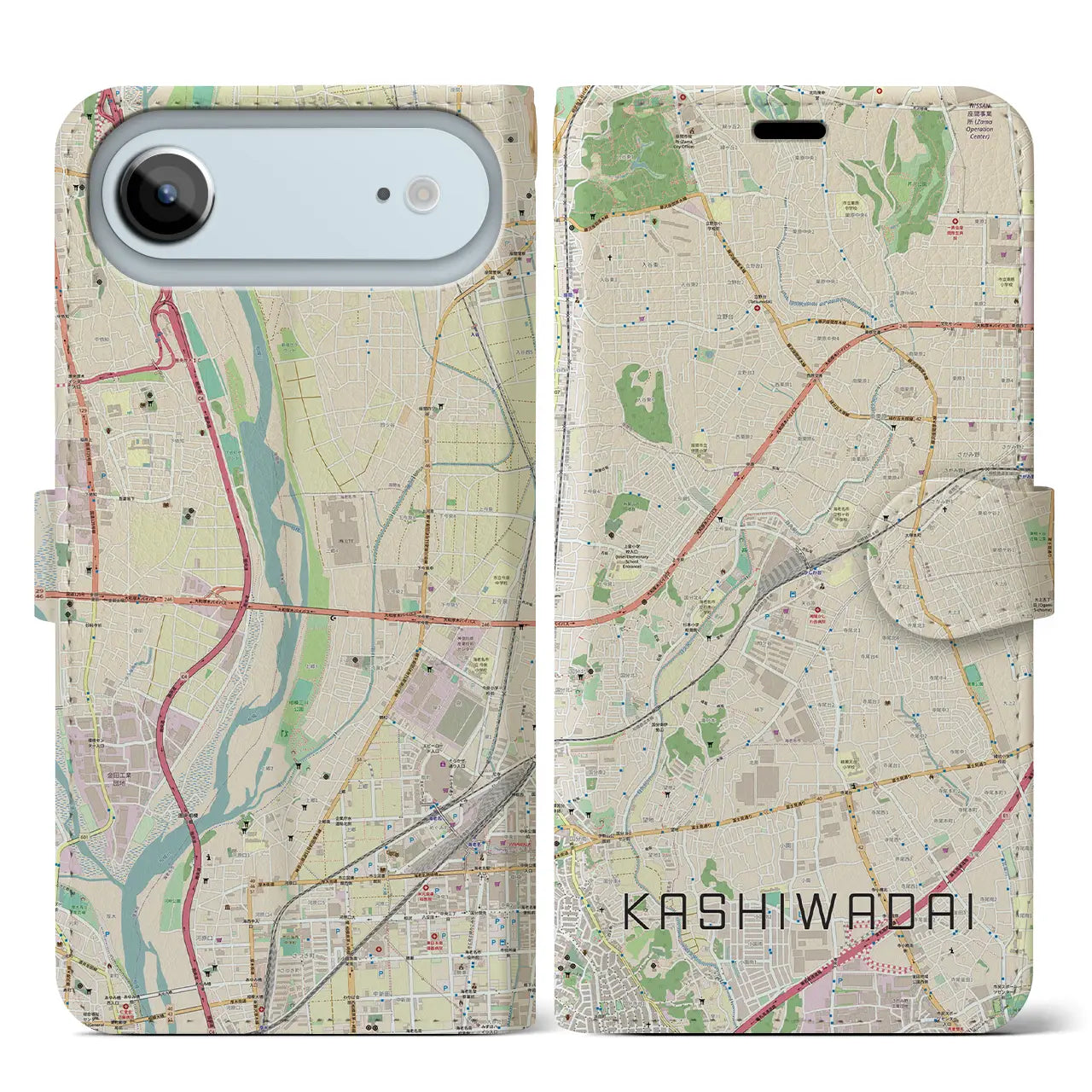 【かしわ台(神奈川県)】地図柄iPhoneケース(手帳タイプ)モノトーン・iPhone 17 Pro Max 用