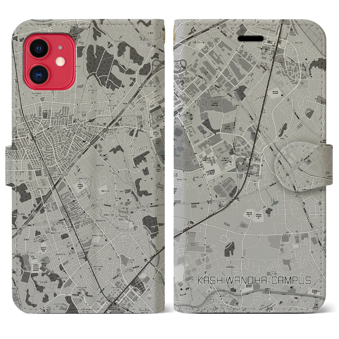 【柏の葉キャンパス(千葉県)】地図柄iPhoneケース(手帳タイプ)モノトーン・iPhone 11 用