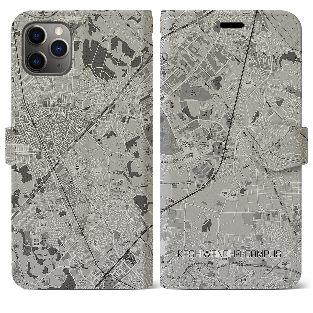 【柏の葉キャンパス(千葉県)】地図柄iPhoneケース(手帳タイプ)モノトーン・iPhone 11 Pro Max 用