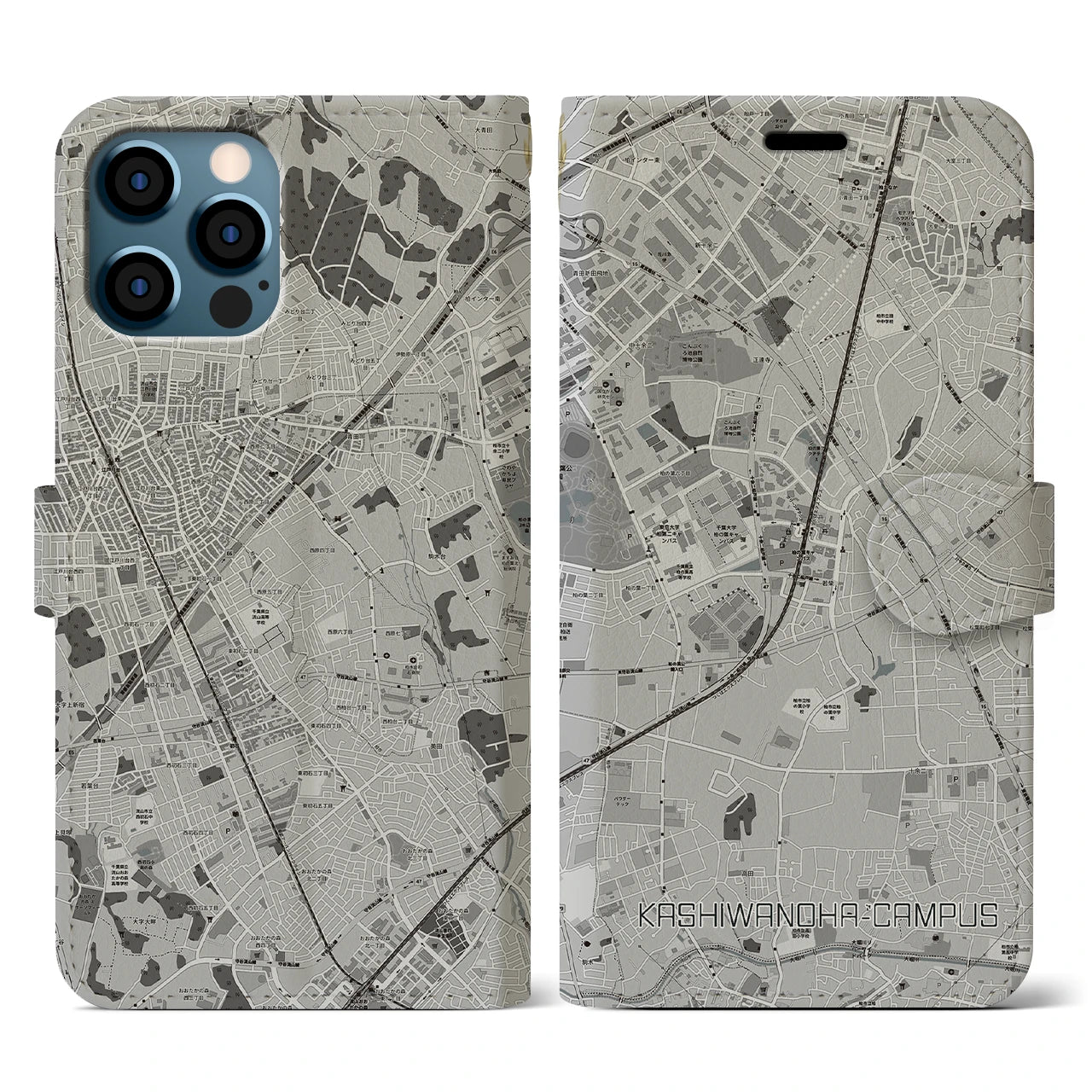 【柏の葉キャンパス(千葉県)】地図柄iPhoneケース(手帳タイプ)モノトーン・iPhone 12 / 12 Pro 用