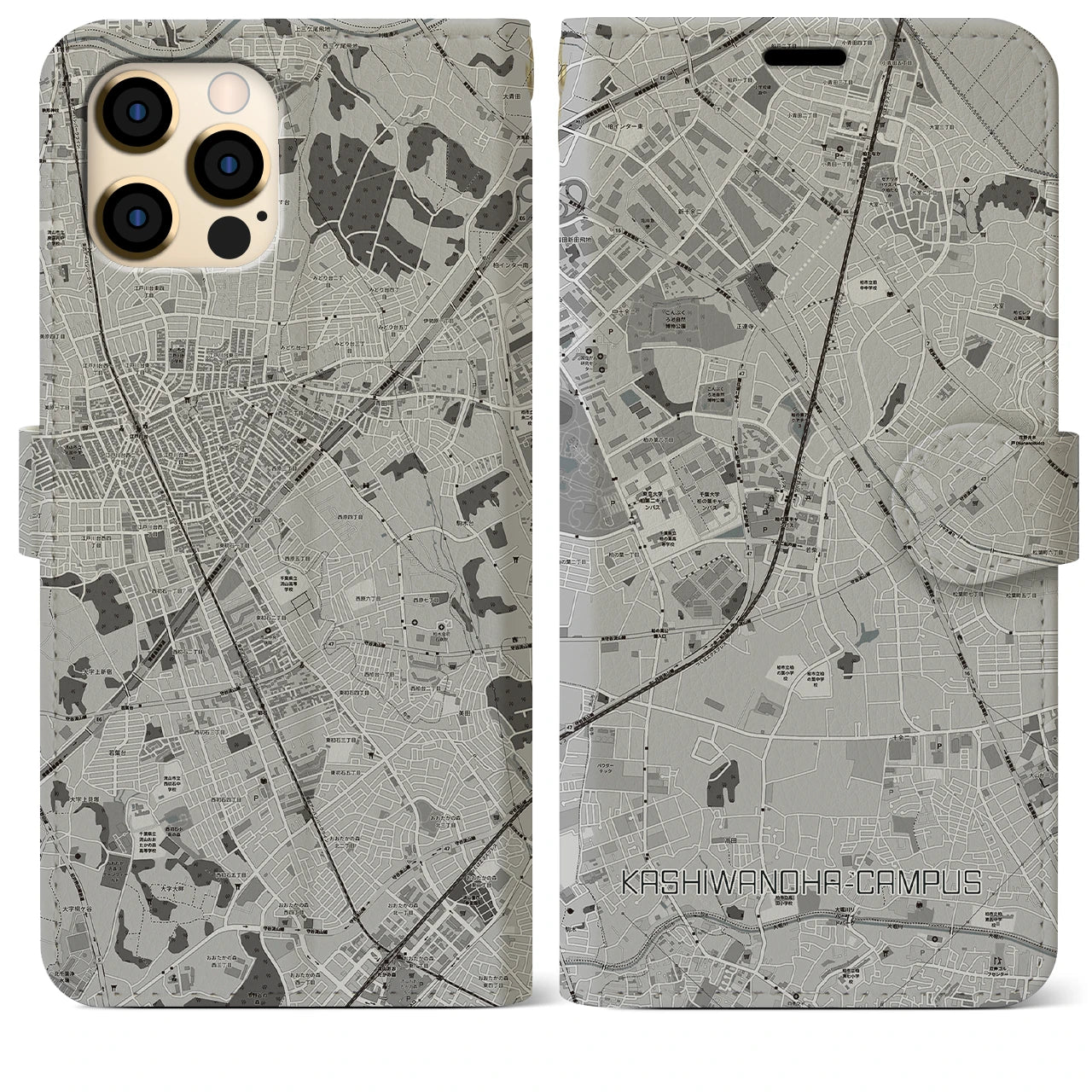 【柏の葉キャンパス(千葉県)】地図柄iPhoneケース(手帳タイプ)モノトーン・iPhone 12 Pro Max 用