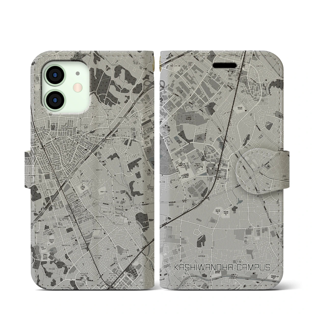 【柏の葉キャンパス(千葉県)】地図柄iPhoneケース(手帳タイプ)モノトーン・iPhone 12 mini 用