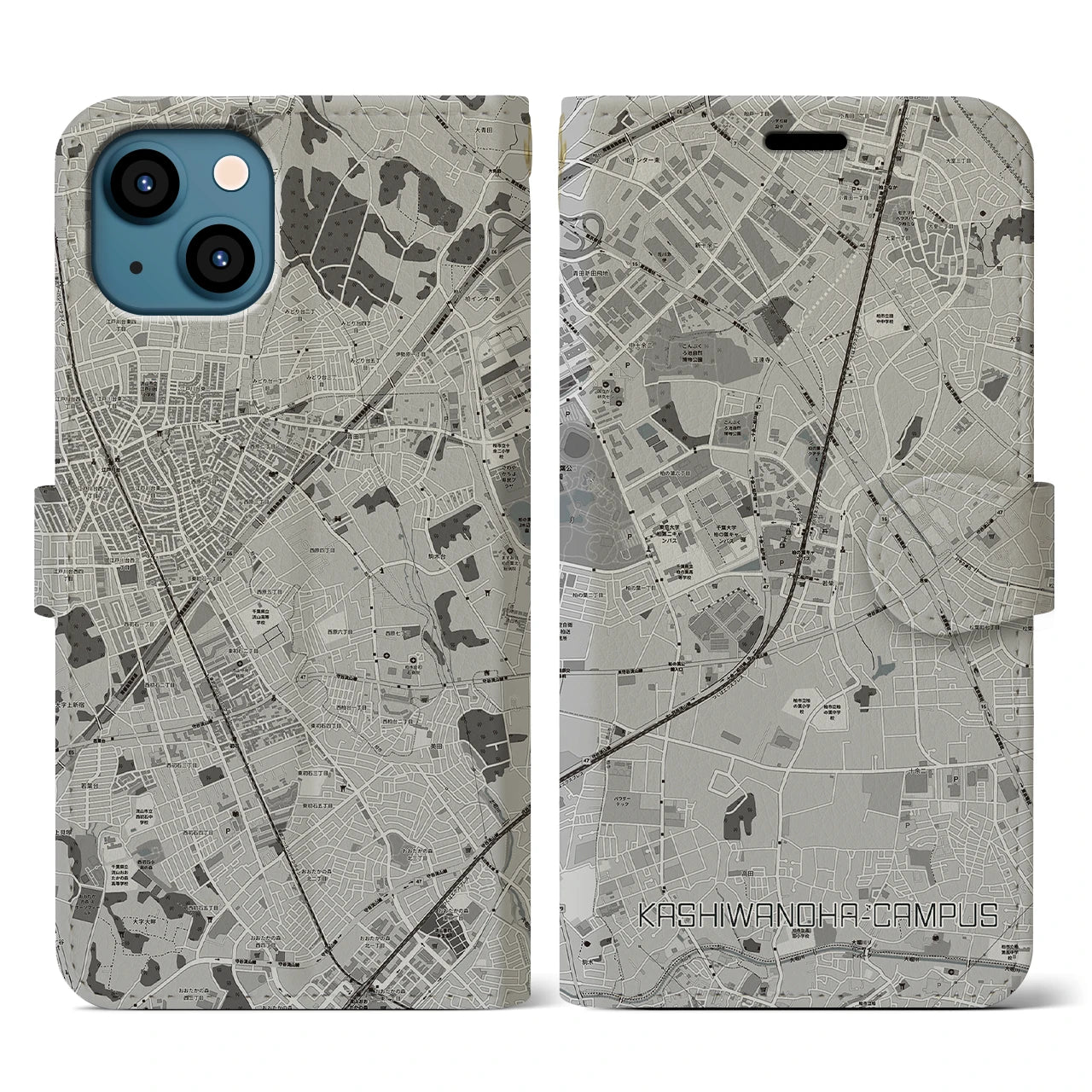 【柏の葉キャンパス(千葉県)】地図柄iPhoneケース(手帳タイプ)モノトーン・iPhone 13 用