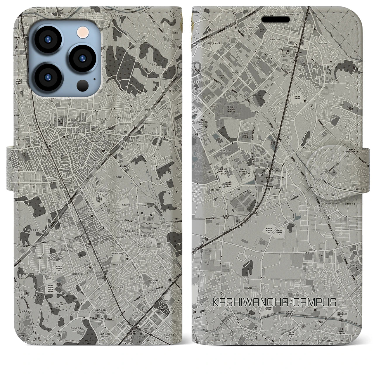 【柏の葉キャンパス(千葉県)】地図柄iPhoneケース(手帳タイプ)モノトーン・iPhone 13 Pro Max 用