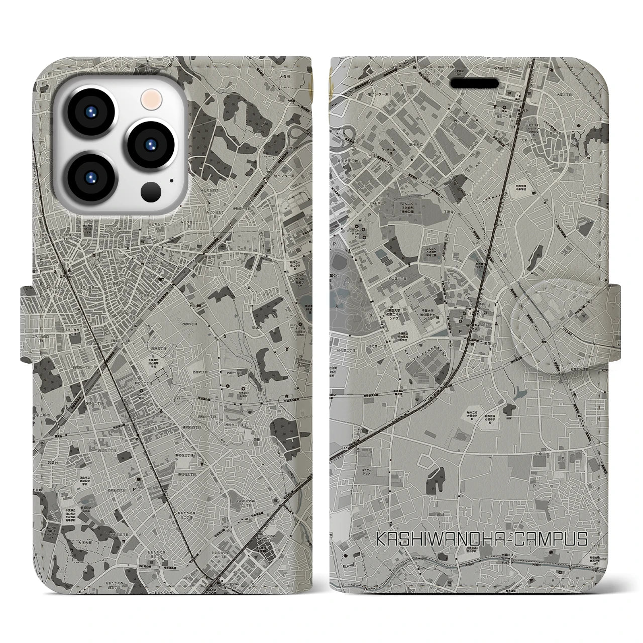 【柏の葉キャンパス(千葉県)】地図柄iPhoneケース(手帳タイプ)モノトーン・iPhone 13 Pro 用