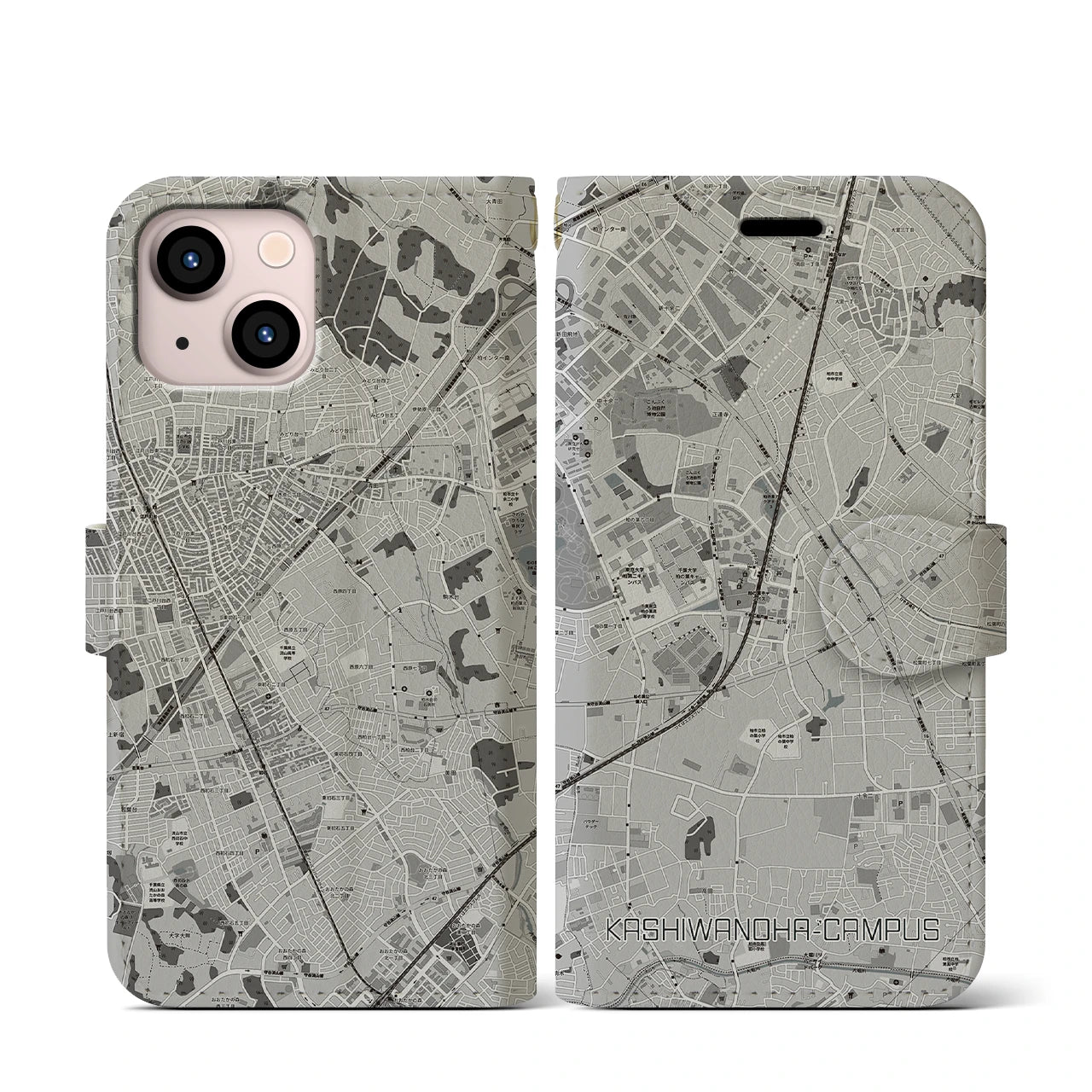 【柏の葉キャンパス(千葉県)】地図柄iPhoneケース(手帳タイプ)モノトーン・iPhone 13 mini 用