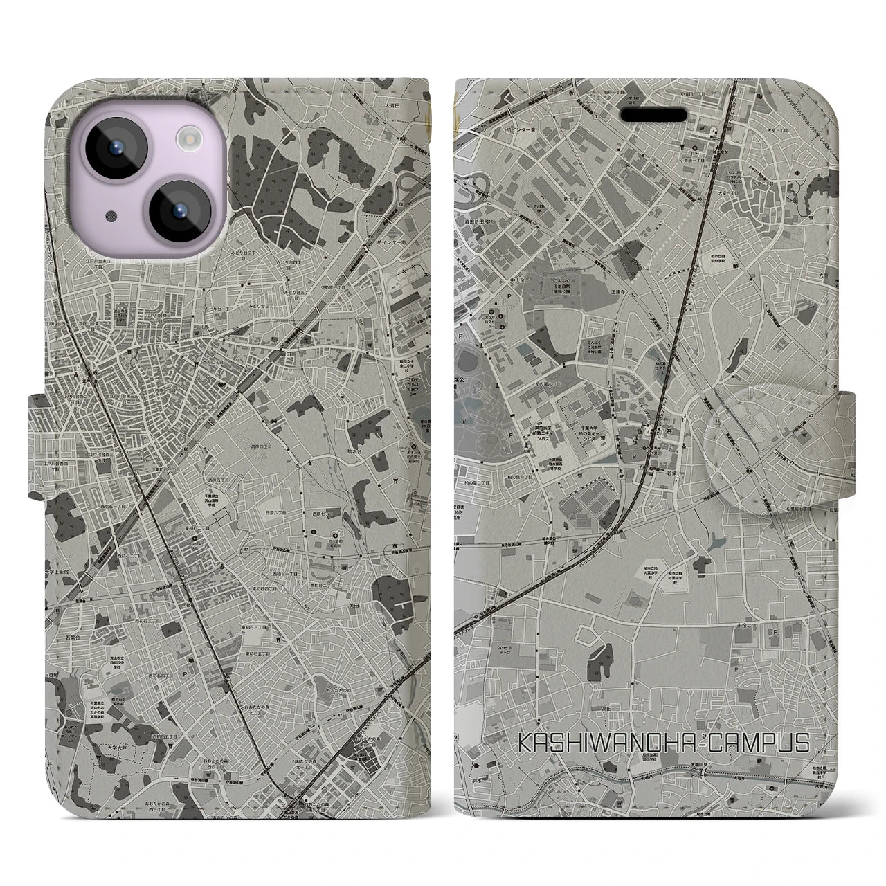 【柏の葉キャンパス(千葉県)】地図柄iPhoneケース(手帳タイプ)モノトーン・iPhone 14 用