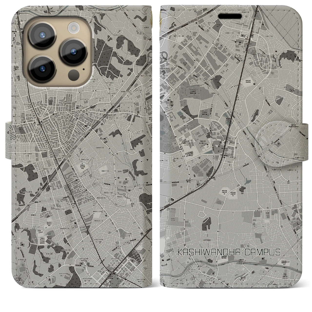 【柏の葉キャンパス(千葉県)】地図柄iPhoneケース(手帳タイプ)モノトーン・iPhone 14 Pro Max 用