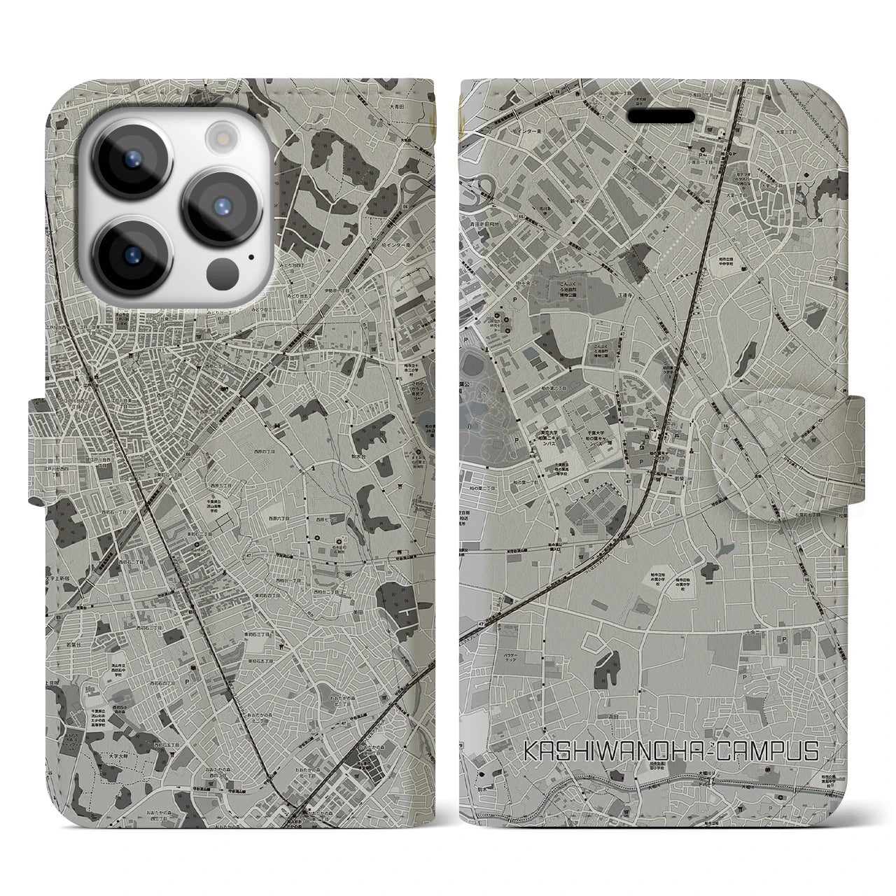 【柏の葉キャンパス(千葉県)】地図柄iPhoneケース(手帳タイプ)モノトーン・iPhone 14 Pro 用