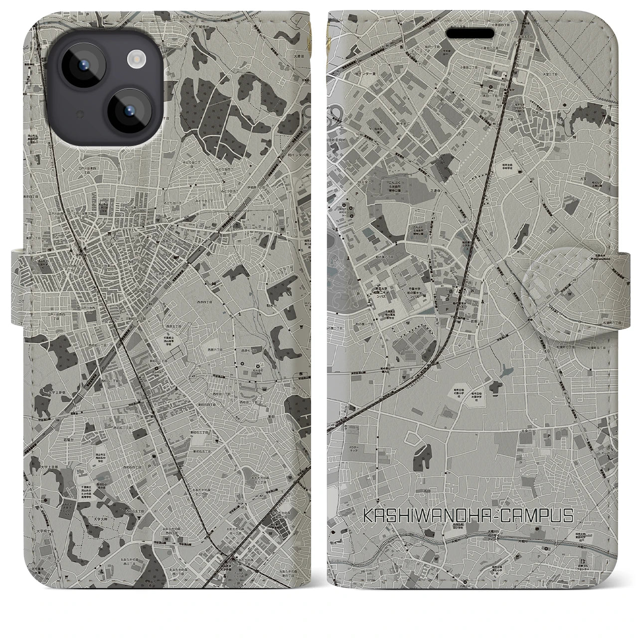 【柏の葉キャンパス(千葉県)】地図柄iPhoneケース(手帳タイプ)モノトーン・iPhone 14 Plus 用