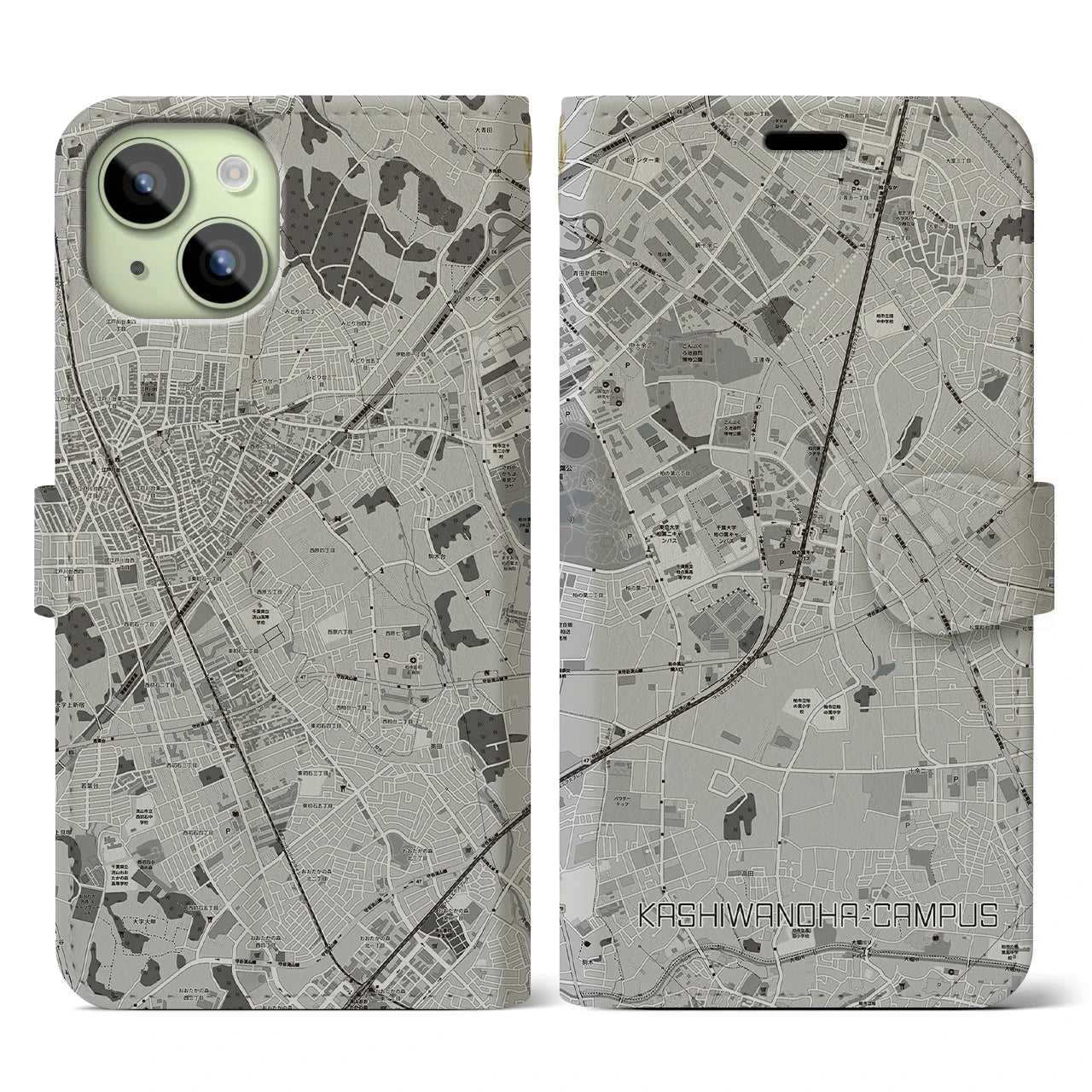 【柏の葉キャンパス(千葉県)】地図柄iPhoneケース(手帳タイプ)モノトーン・iPhone 15 用