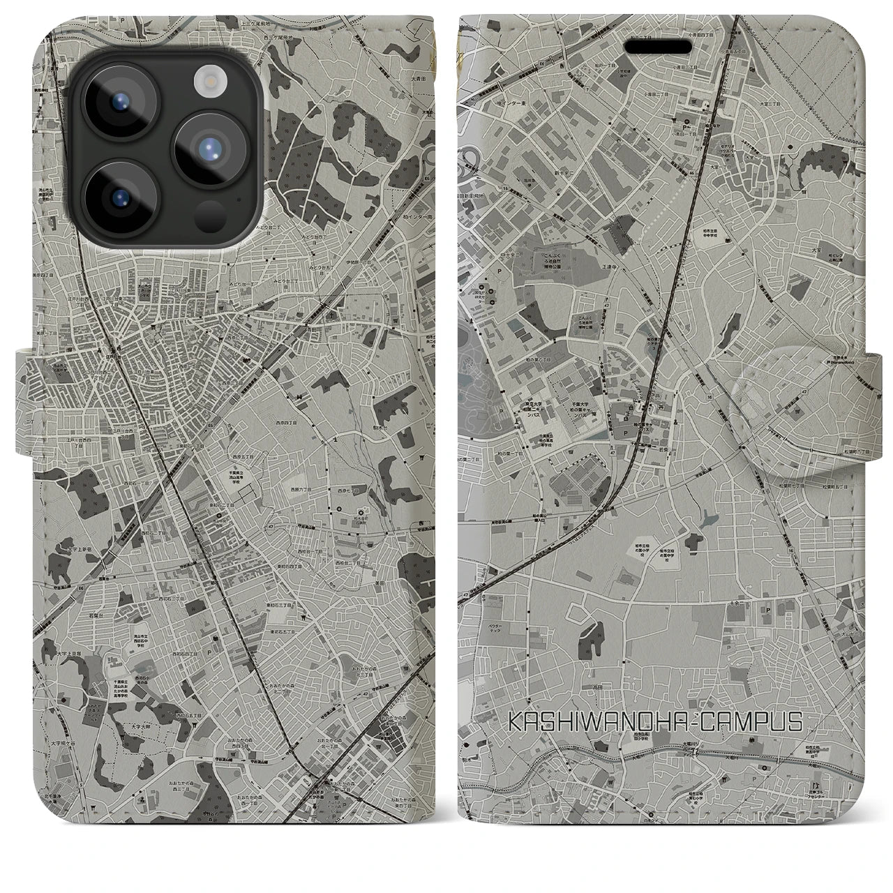 【柏の葉キャンパス(千葉県)】地図柄iPhoneケース(手帳タイプ)モノトーン・iPhone 15 Pro Max 用