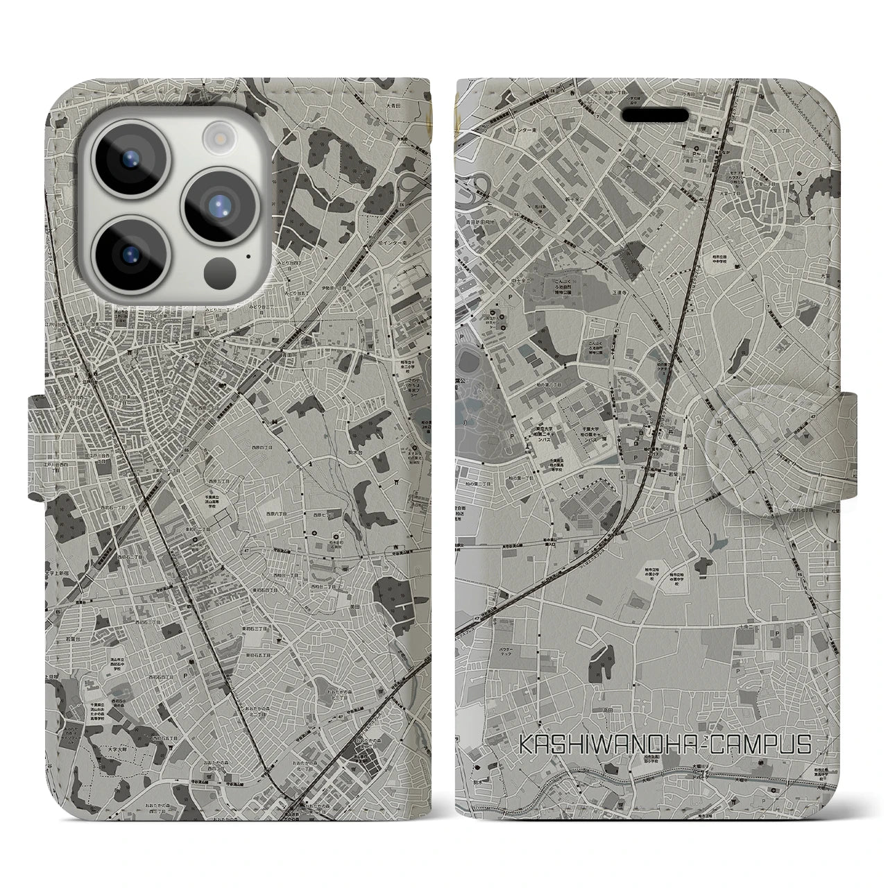 【柏の葉キャンパス(千葉県)】地図柄iPhoneケース(手帳タイプ)モノトーン・iPhone 15 Pro 用