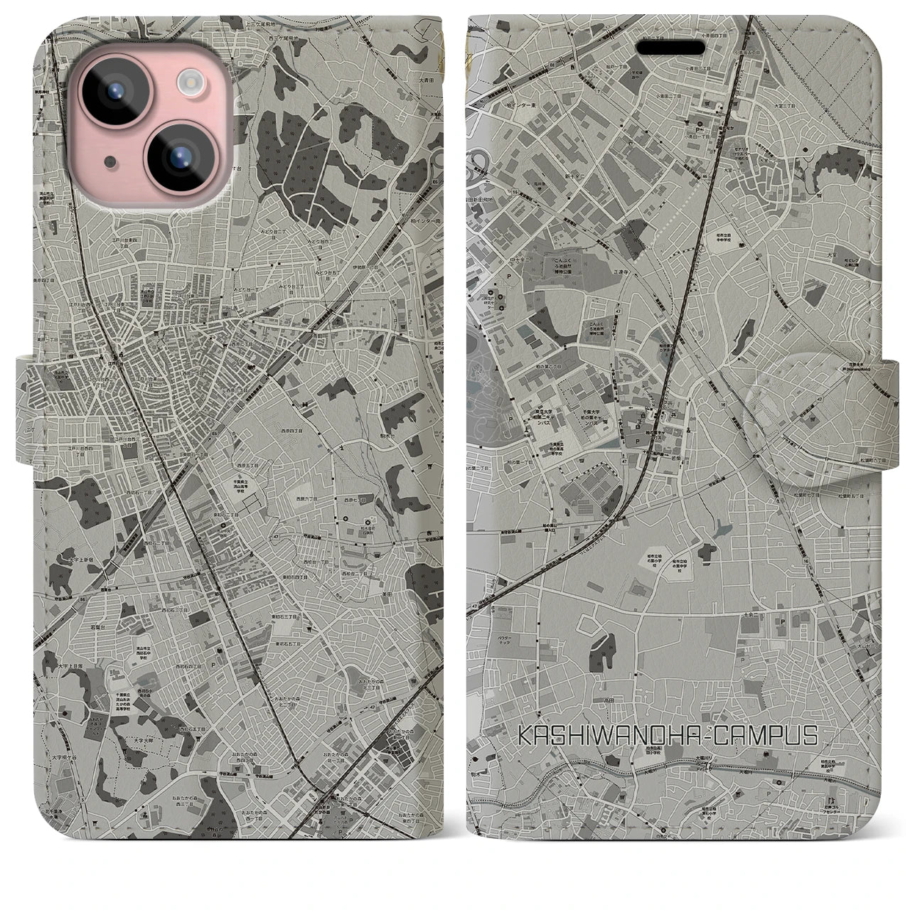 【柏の葉キャンパス(千葉県)】地図柄iPhoneケース(手帳タイプ)モノトーン・iPhone 15 Plus 用