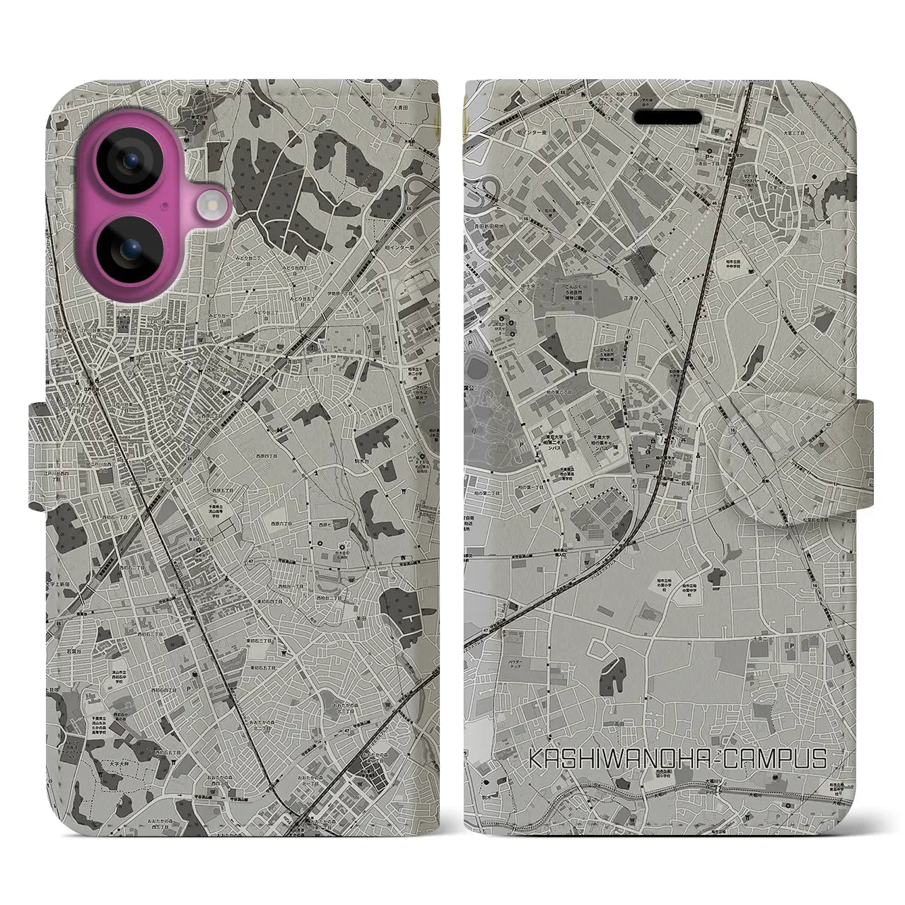 【柏の葉キャンパス(千葉県)】地図柄iPhoneケース(手帳タイプ)モノトーン・iPhone 16 Pro 用