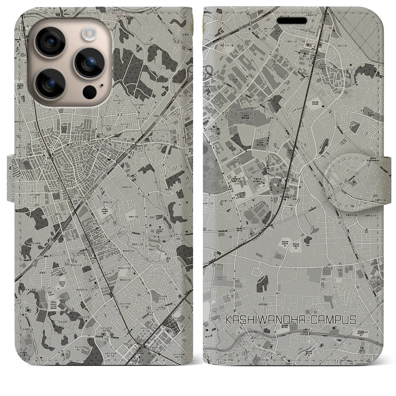 【柏の葉キャンパス(千葉県)】地図柄iPhoneケース(手帳タイプ)モノトーン・iPhone 16 Plus 用
