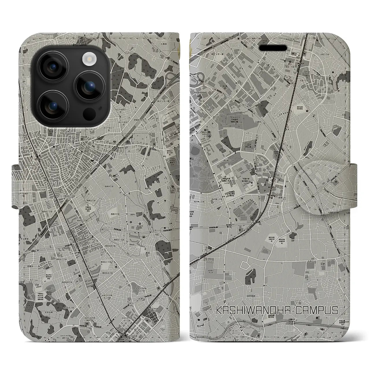 【柏の葉キャンパス(千葉県)】地図柄iPhoneケース(手帳タイプ)モノトーン・iPhone 16 用