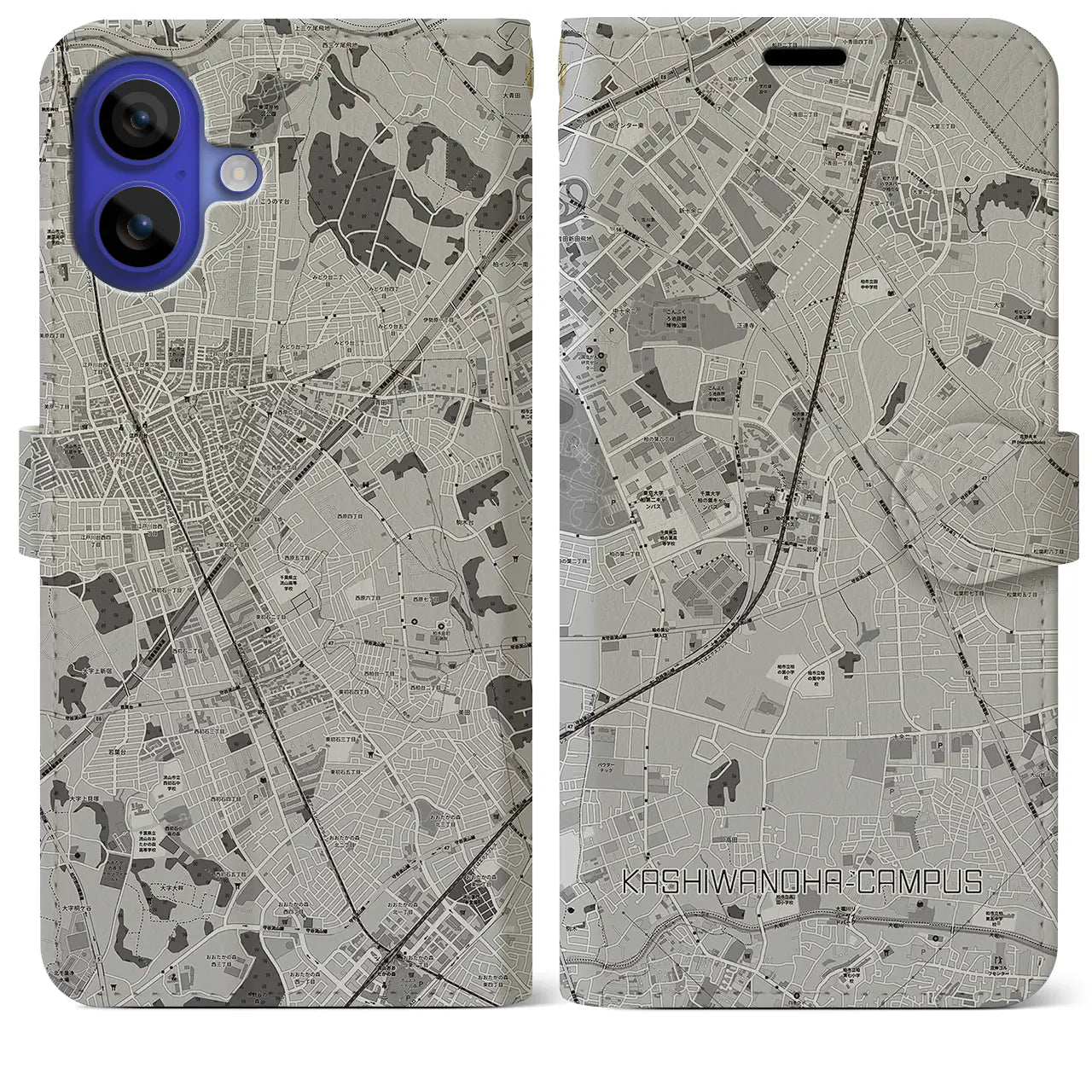 【柏の葉キャンパス(千葉県)】地図柄iPhoneケース(手帳タイプ)モノトーン・iPhone 16 Pro Max 用