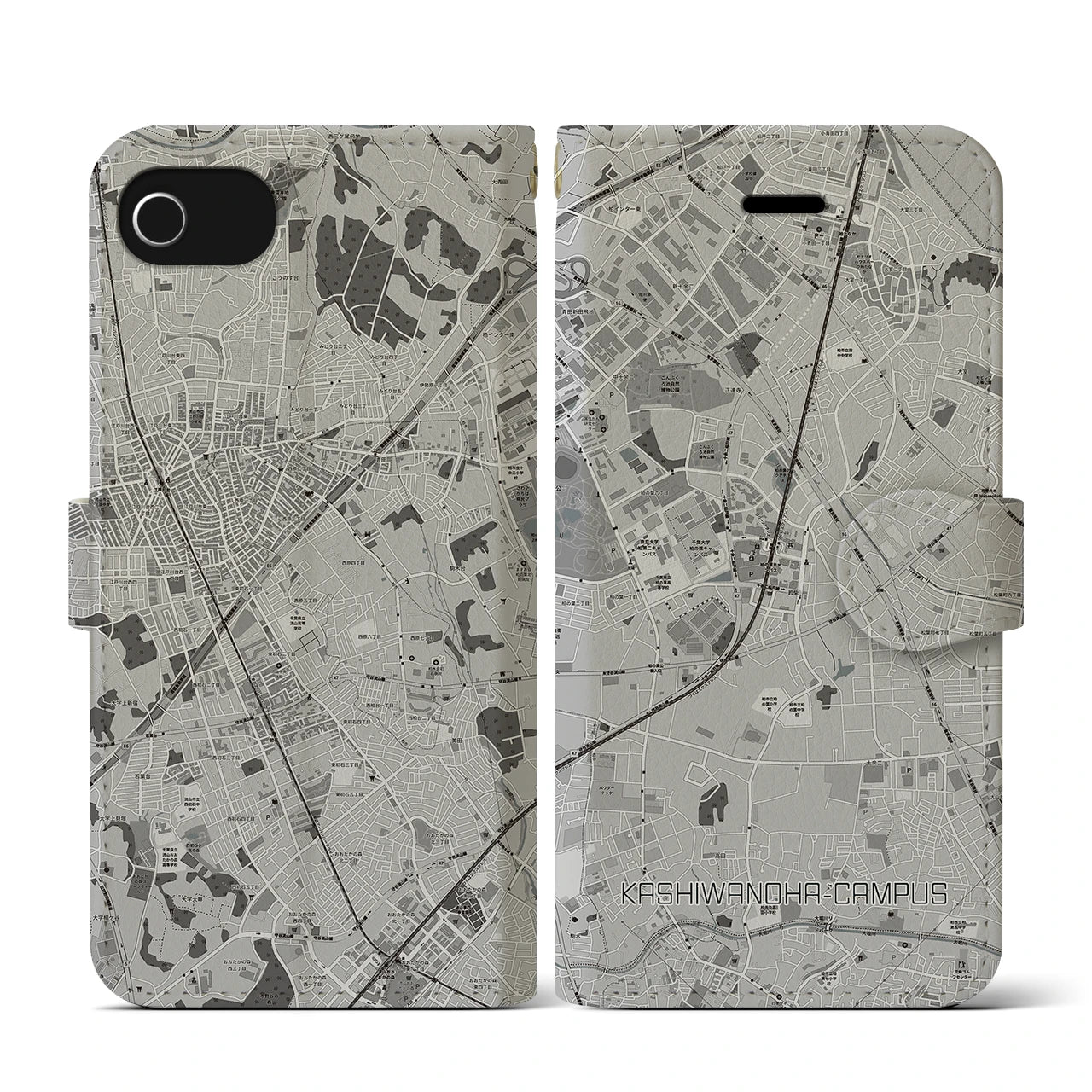 【柏の葉キャンパス(千葉県)】地図柄iPhoneケース(手帳タイプ)モノトーン・iPhone SE(第3 / 第2世代) / 8 / 7 / 6s / 6 用