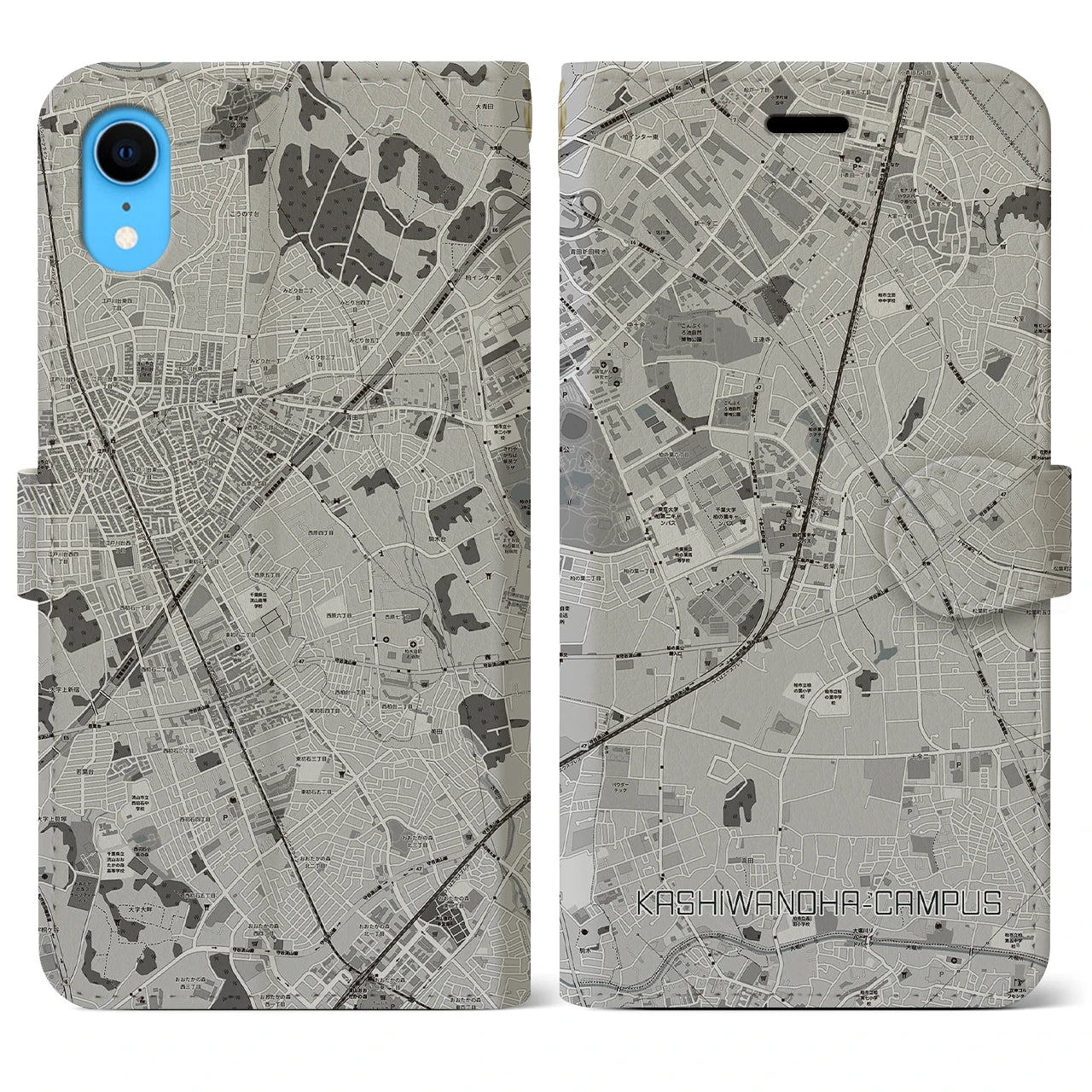 【柏の葉キャンパス(千葉県)】地図柄iPhoneケース(手帳タイプ)モノトーン・iPhone XR 用