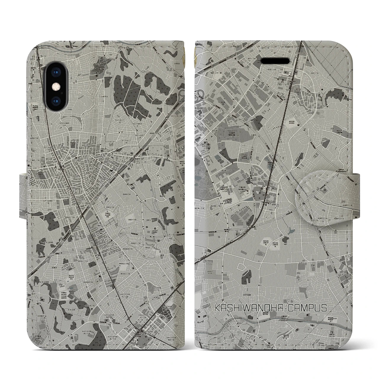 【柏の葉キャンパス(千葉県)】地図柄iPhoneケース(手帳タイプ)モノトーン・iPhone XS / X 用