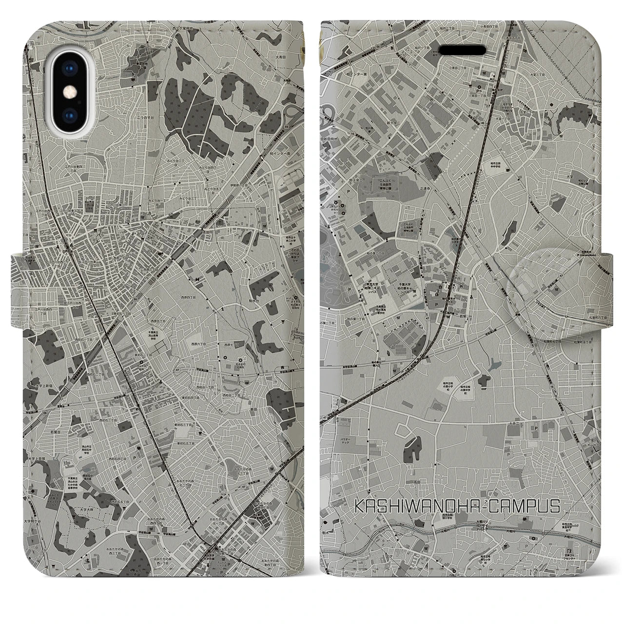 【柏の葉キャンパス(千葉県)】地図柄iPhoneケース(手帳タイプ)モノトーン・iPhone XS Max 用